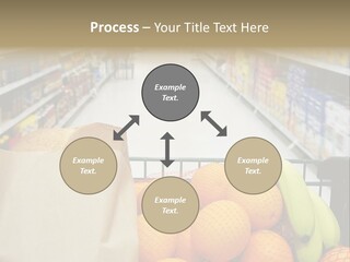 Grocery Cart Loaded With Fresh Fruit And Bread Moving Through The Aisle. PowerPoint Template