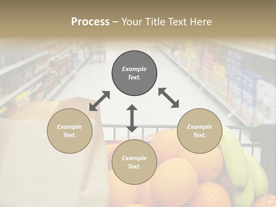 Grocery Cart Loaded With Fresh Fruit And Bread Moving Through The Aisle. PowerPoint Template