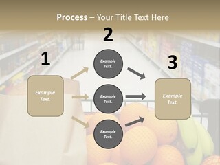 Grocery Cart Loaded With Fresh Fruit And Bread Moving Through The Aisle. PowerPoint Template