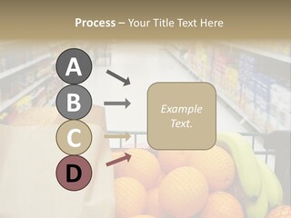 Grocery Cart Loaded With Fresh Fruit And Bread Moving Through The Aisle. PowerPoint Template