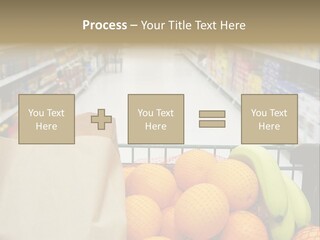 Grocery Cart Loaded With Fresh Fruit And Bread Moving Through The Aisle. PowerPoint Template