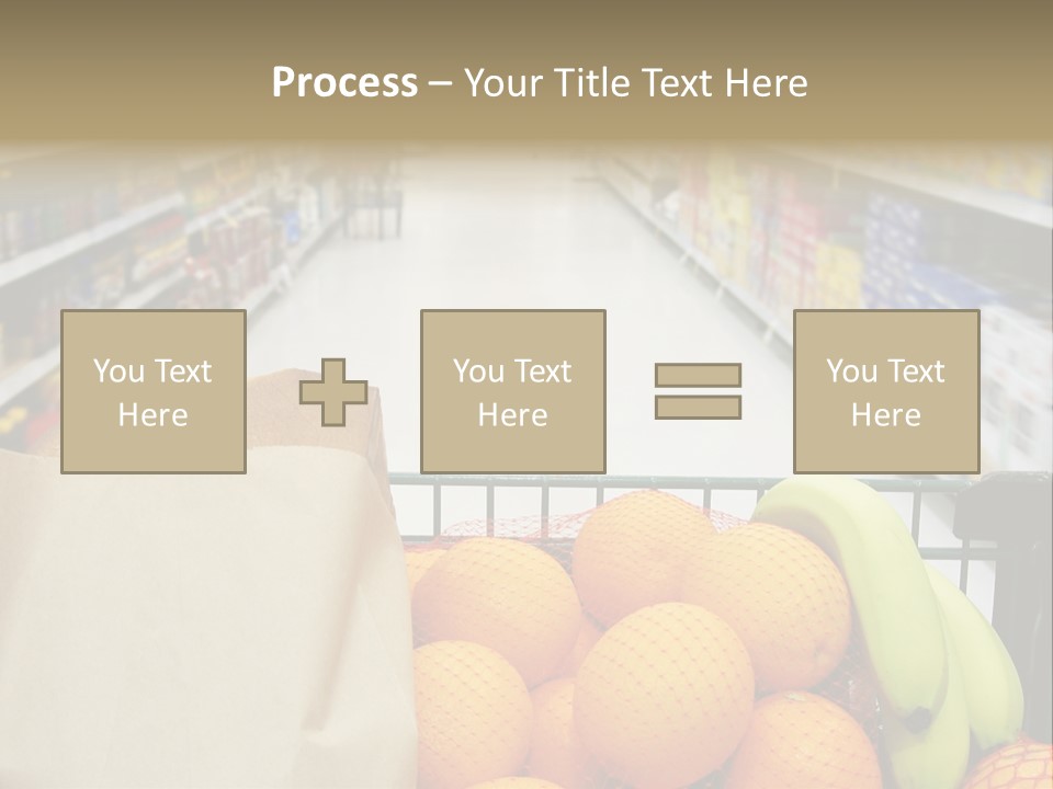 Grocery Cart Loaded With Fresh Fruit And Bread Moving Through The Aisle. PowerPoint Template