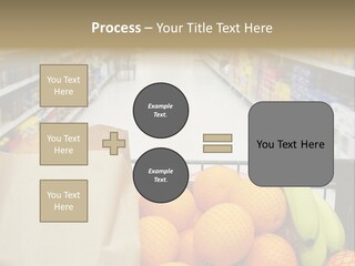 Grocery Cart Loaded With Fresh Fruit And Bread Moving Through The Aisle. PowerPoint Template
