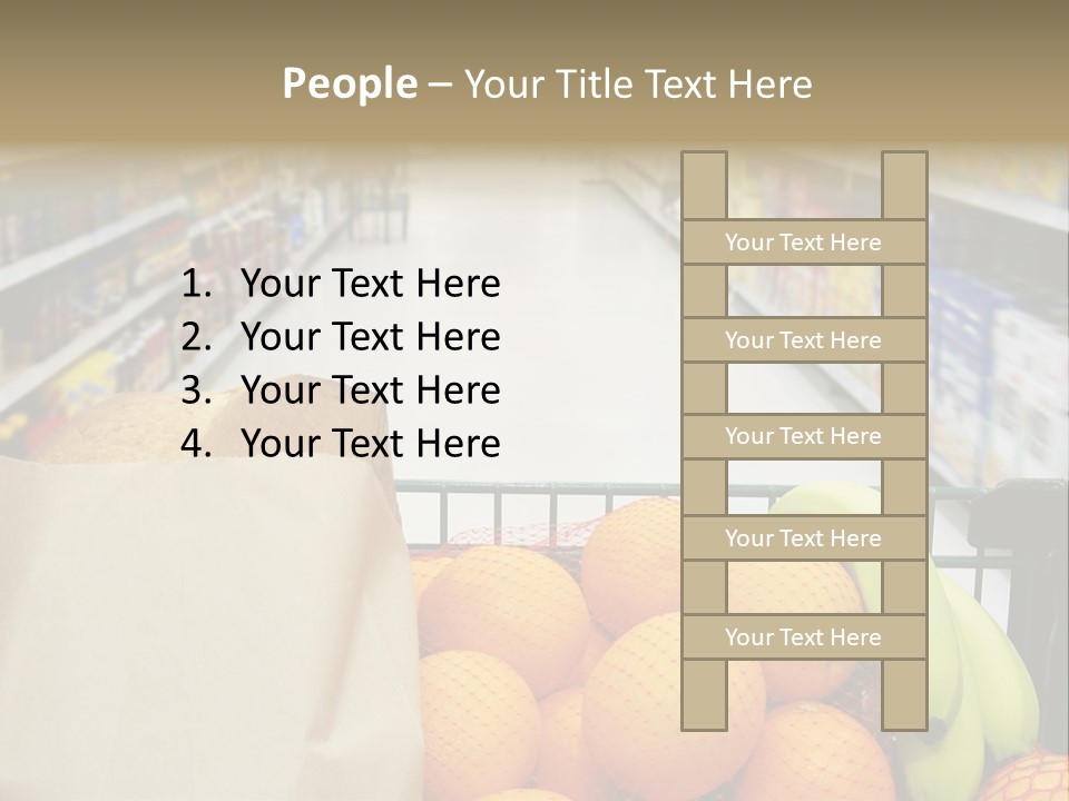 Grocery Cart Loaded With Fresh Fruit And Bread Moving Through The Aisle. PowerPoint Template