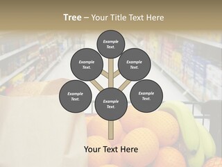 Grocery Cart Loaded With Fresh Fruit And Bread Moving Through The Aisle. PowerPoint Template