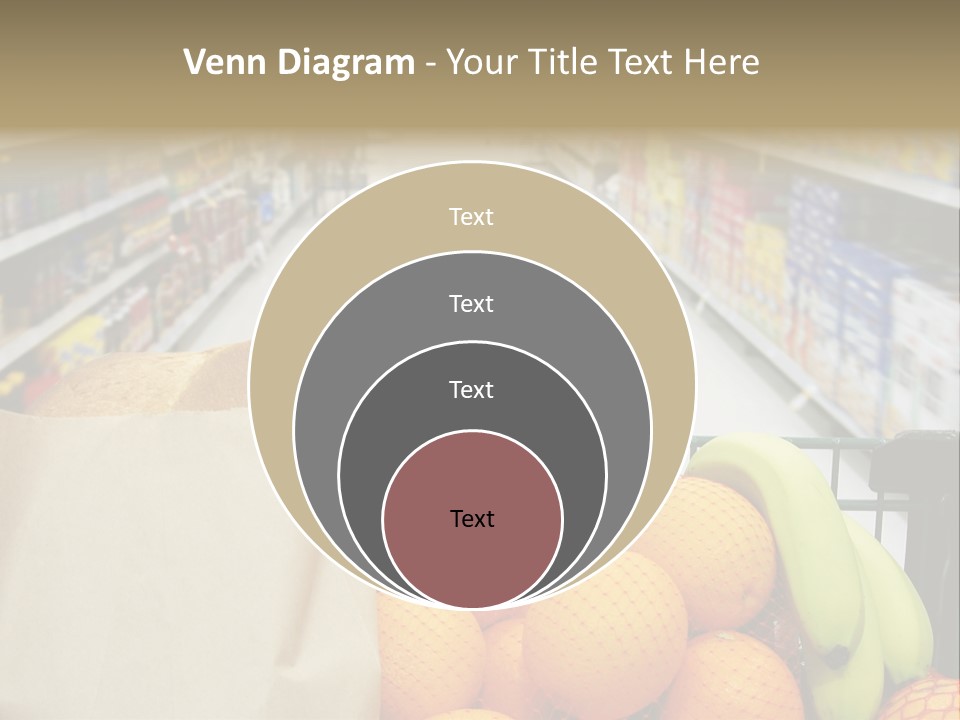 Grocery Cart Loaded With Fresh Fruit And Bread Moving Through The Aisle. PowerPoint Template