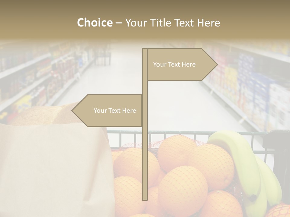 Grocery Cart Loaded With Fresh Fruit And Bread Moving Through The Aisle. PowerPoint Template