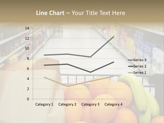 Grocery Cart Loaded With Fresh Fruit And Bread Moving Through The Aisle. PowerPoint Template