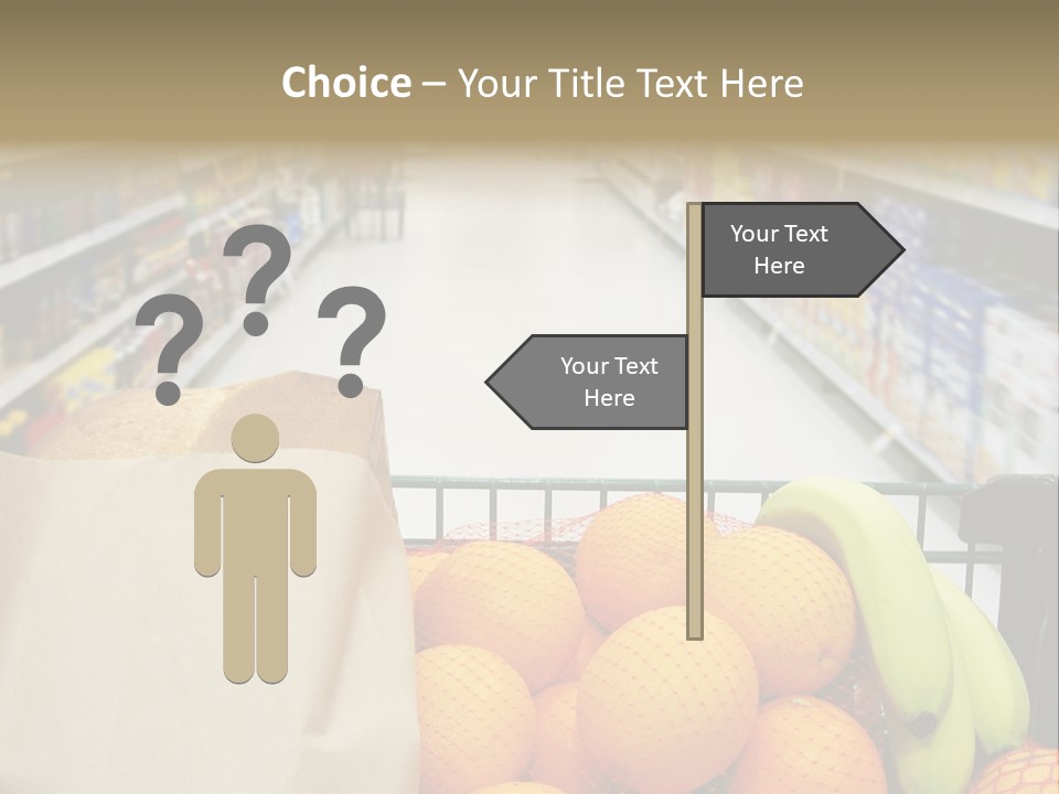 Grocery Cart Loaded With Fresh Fruit And Bread Moving Through The Aisle. PowerPoint Template
