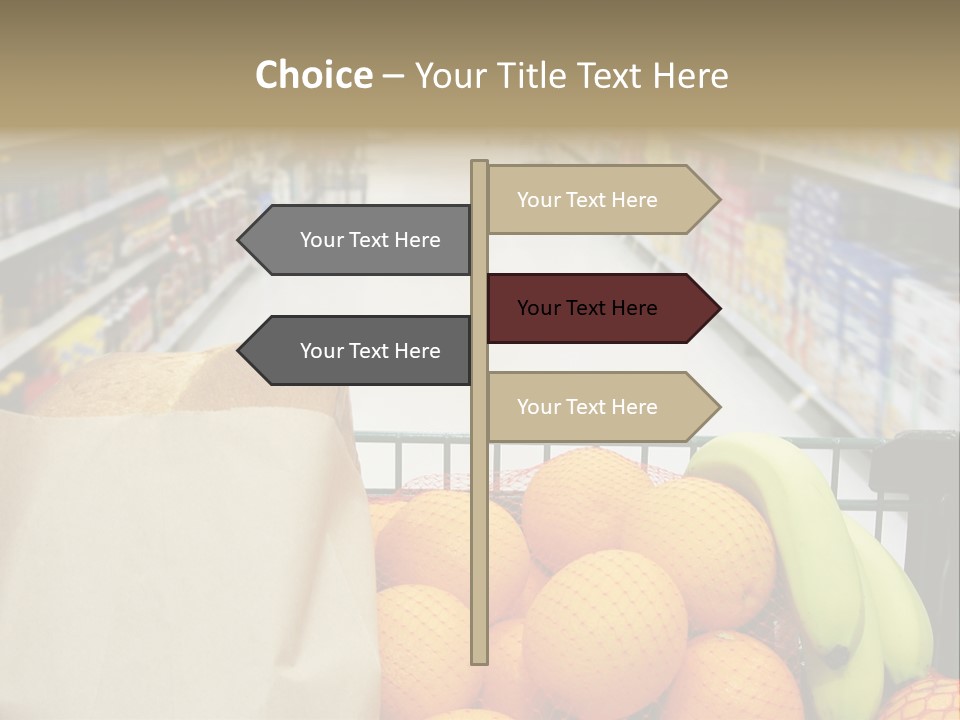 Grocery Cart Loaded With Fresh Fruit And Bread Moving Through The Aisle. PowerPoint Template