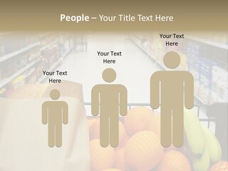 Grocery Cart Loaded With Fresh Fruit And Bread Moving Through The Aisle. PowerPoint Template