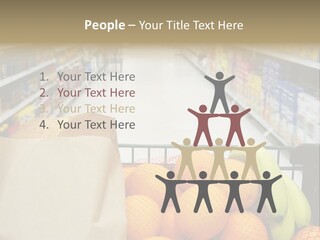 Grocery Cart Loaded With Fresh Fruit And Bread Moving Through The Aisle. PowerPoint Template