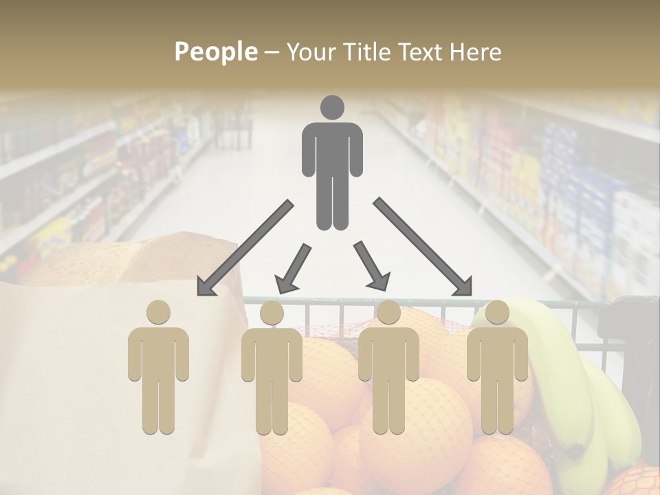 Grocery Cart Loaded With Fresh Fruit And Bread Moving Through The Aisle. PowerPoint Template