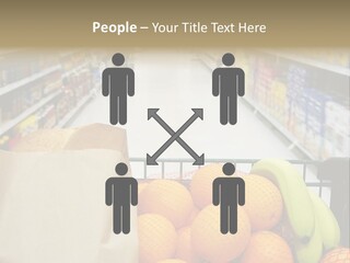 Grocery Cart Loaded With Fresh Fruit And Bread Moving Through The Aisle. PowerPoint Template