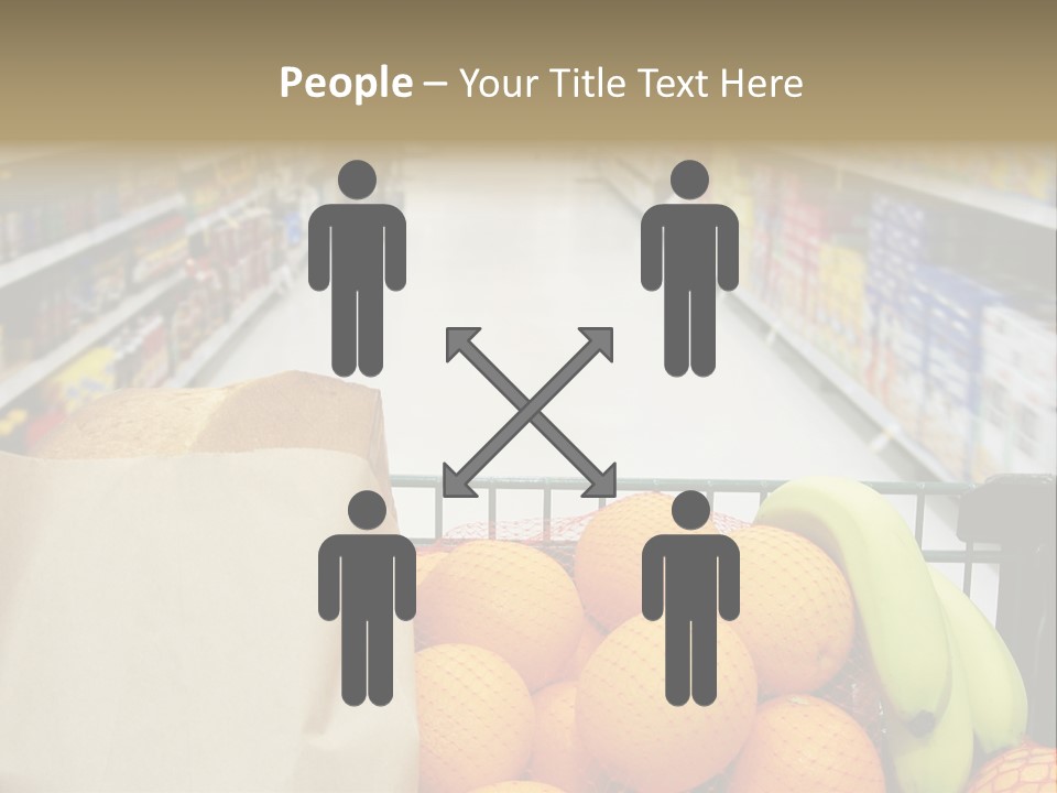 Grocery Cart Loaded With Fresh Fruit And Bread Moving Through The Aisle. PowerPoint Template