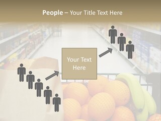 Grocery Cart Loaded With Fresh Fruit And Bread Moving Through The Aisle. PowerPoint Template