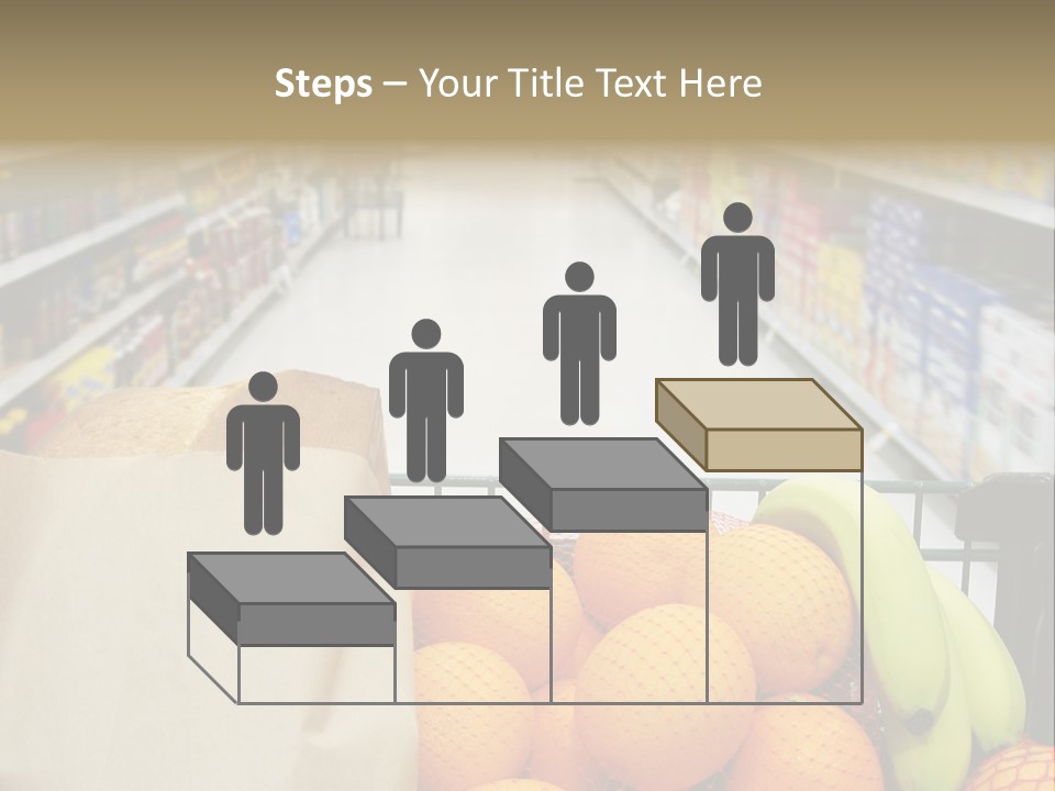 Grocery Cart Loaded With Fresh Fruit And Bread Moving Through The Aisle. PowerPoint Template
