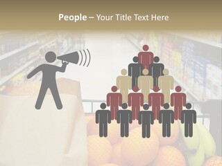 Grocery Cart Loaded With Fresh Fruit And Bread Moving Through The Aisle. PowerPoint Template