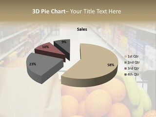 Grocery Cart Loaded With Fresh Fruit And Bread Moving Through The Aisle. PowerPoint Template
