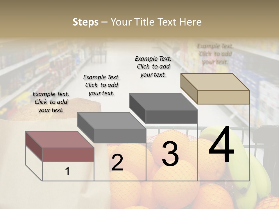 Grocery Cart Loaded With Fresh Fruit And Bread Moving Through The Aisle. PowerPoint Template