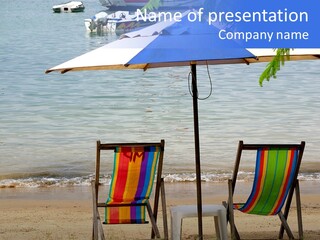 Two Beach Chairs Under An Umbrella On The Beach PowerPoint Template