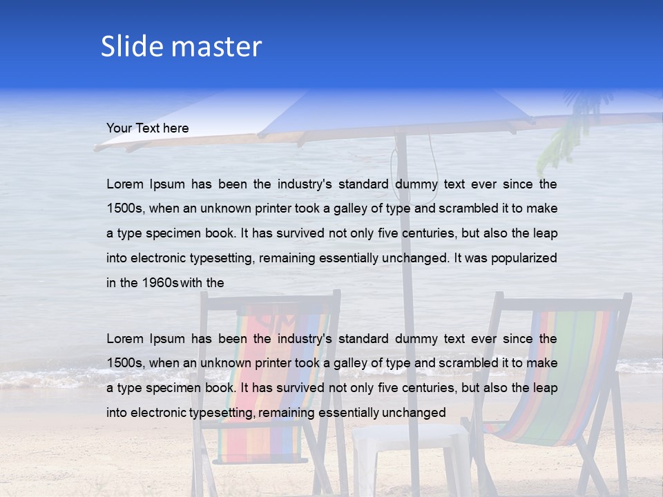 Two Beach Chairs Under An Umbrella On The Beach PowerPoint Template