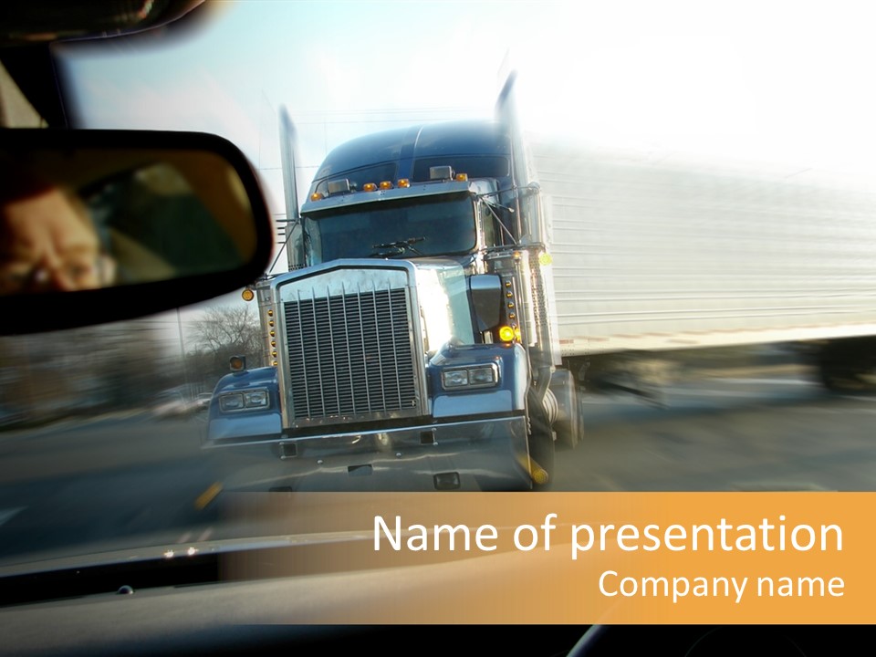 Close Call Imminent Crash Accident With A Tractor Trailer Truck Viewed From Inside A Passenger Car With Scared Driver Face In Rear View Mirror PowerPoint Template