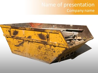 Old Yellow Builders Skip, Isolated On White, Clipping Paths For Skip And Shadow. PowerPoint Template