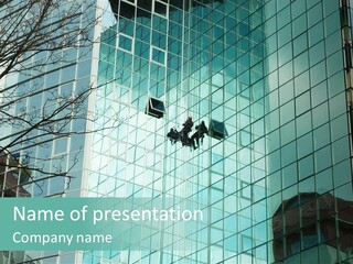 Worker Climbing At Mirror Wall Of Office Building PowerPoint Template