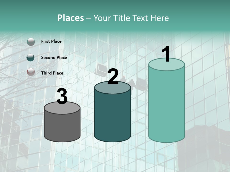Worker Climbing At Mirror Wall Of Office Building PowerPoint Template