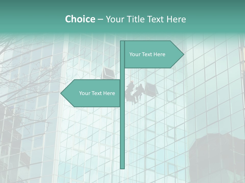 Worker Climbing At Mirror Wall Of Office Building PowerPoint Template