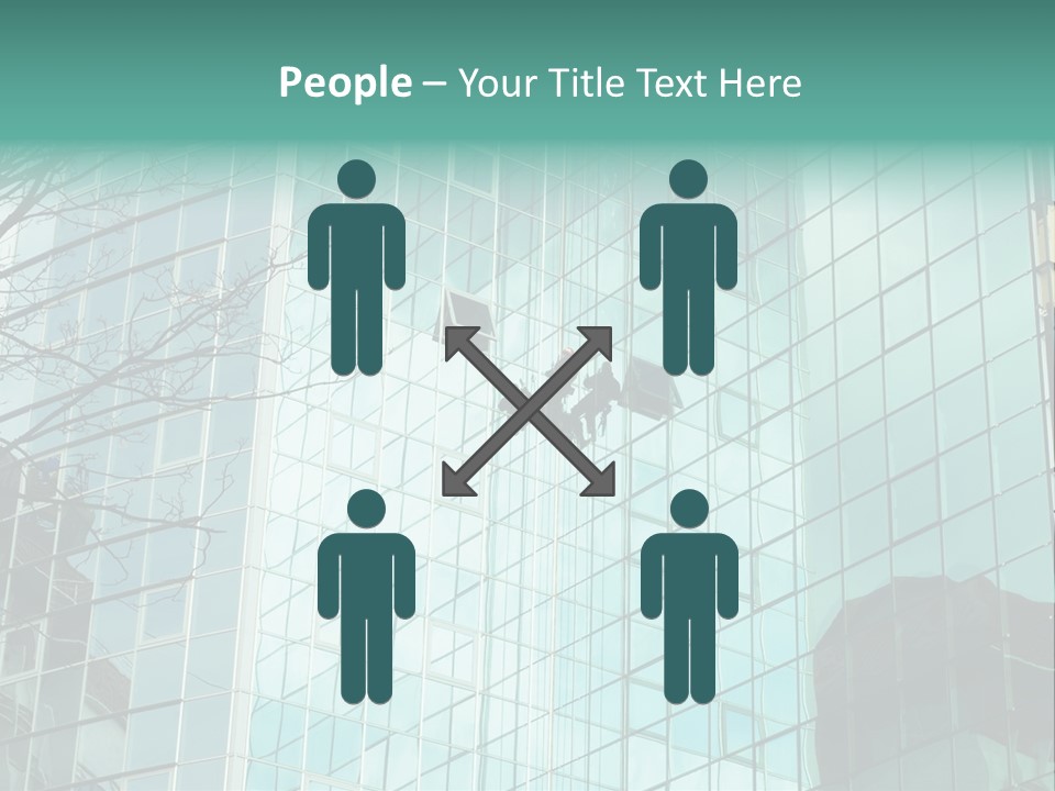 Worker Climbing At Mirror Wall Of Office Building PowerPoint Template