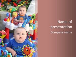 Two Baby Boys Twin Brothers Playing Together PowerPoint Template