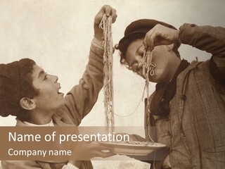 Vintage Photo Of Two Young Boys Eating Spaghetti With Their Hands PowerPoint Template