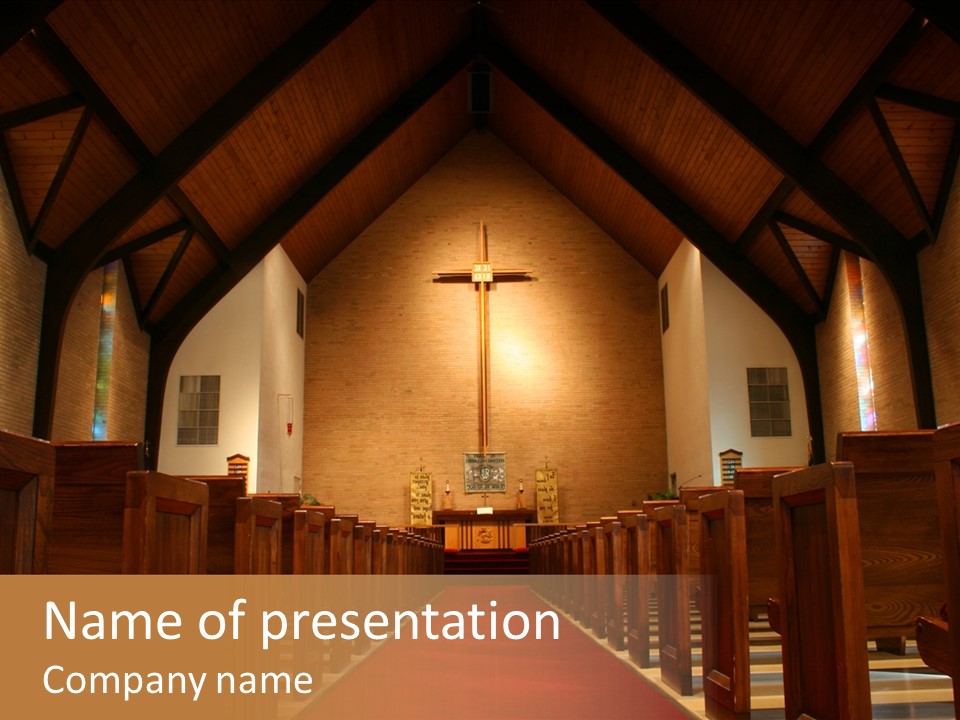 Inside Of A Large, Modern Church With Pews And Cross Visible PowerPoint Template