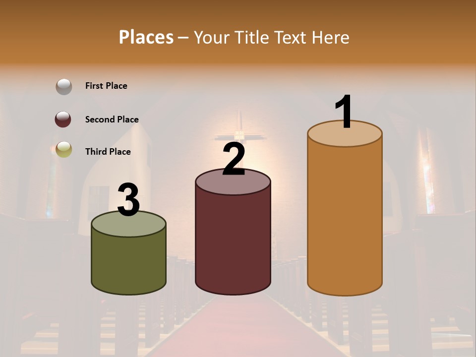 Inside Of A Large, Modern Church With Pews And Cross Visible PowerPoint Template