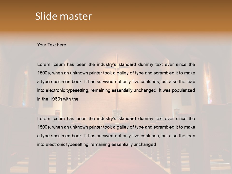 Inside Of A Large, Modern Church With Pews And Cross Visible PowerPoint Template