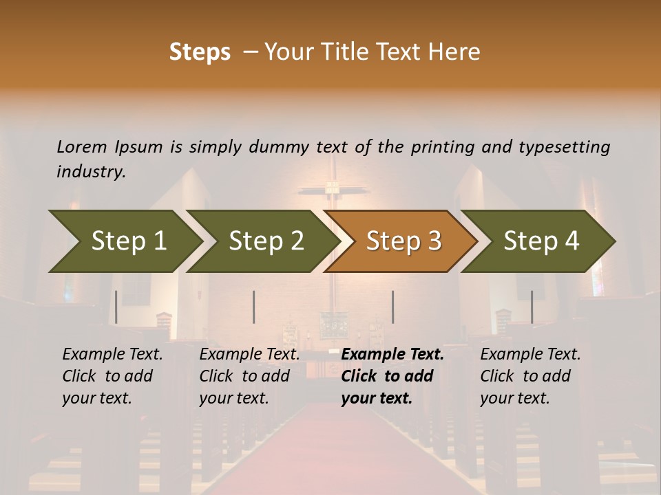 Inside Of A Large, Modern Church With Pews And Cross Visible PowerPoint Template