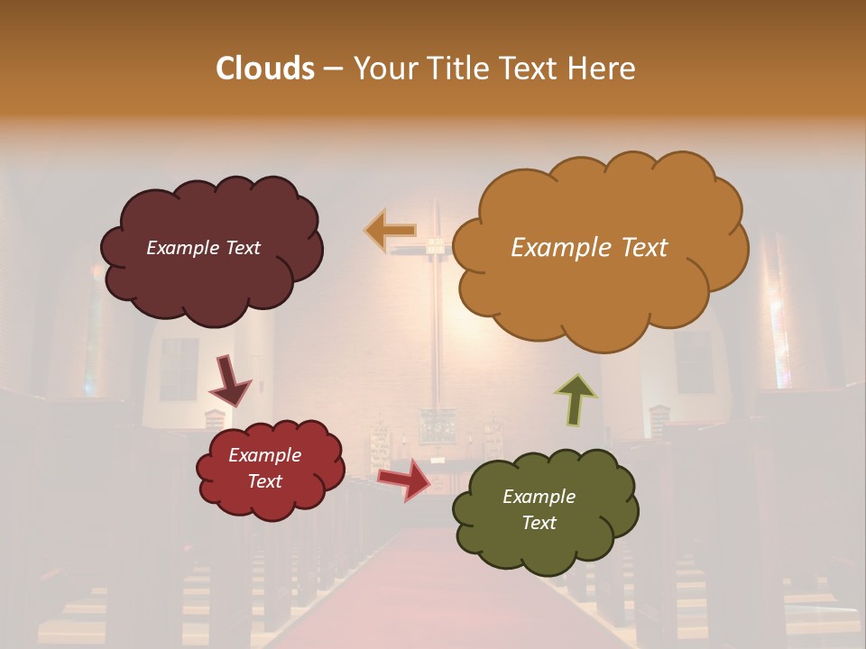 Inside Of A Large, Modern Church With Pews And Cross Visible PowerPoint Template