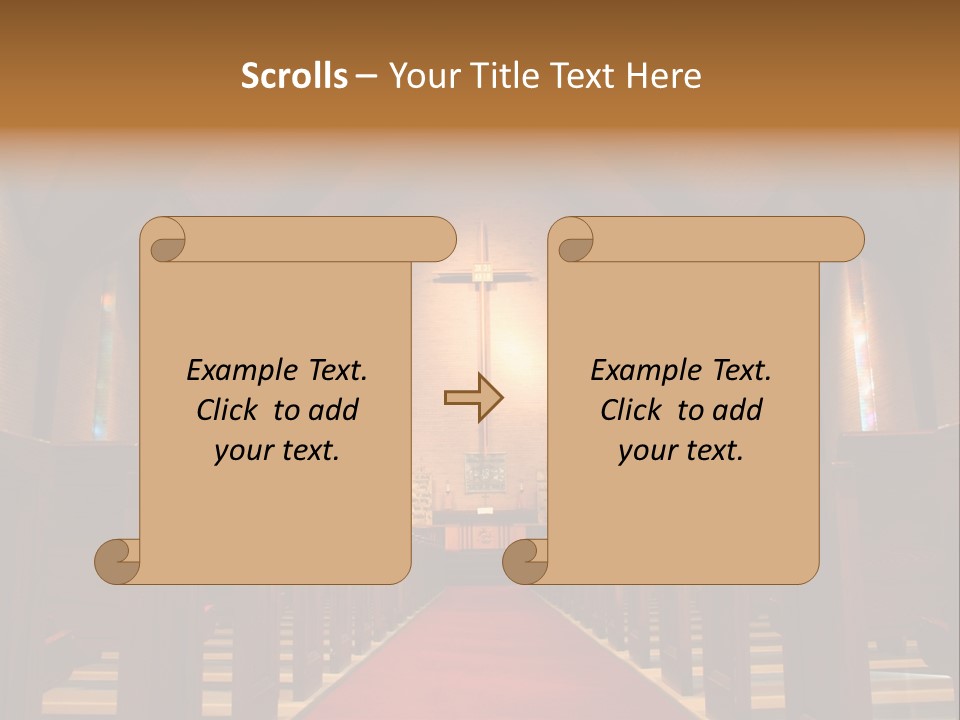 Inside Of A Large, Modern Church With Pews And Cross Visible PowerPoint Template