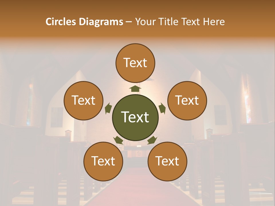 Inside Of A Large, Modern Church With Pews And Cross Visible PowerPoint Template