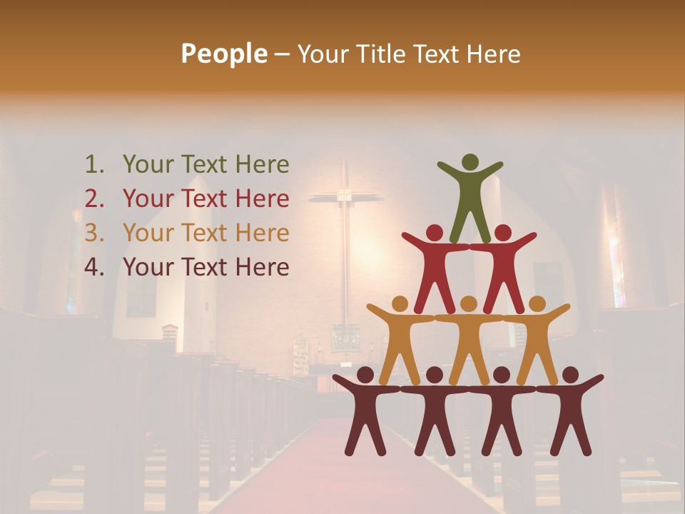 Inside Of A Large, Modern Church With Pews And Cross Visible PowerPoint Template