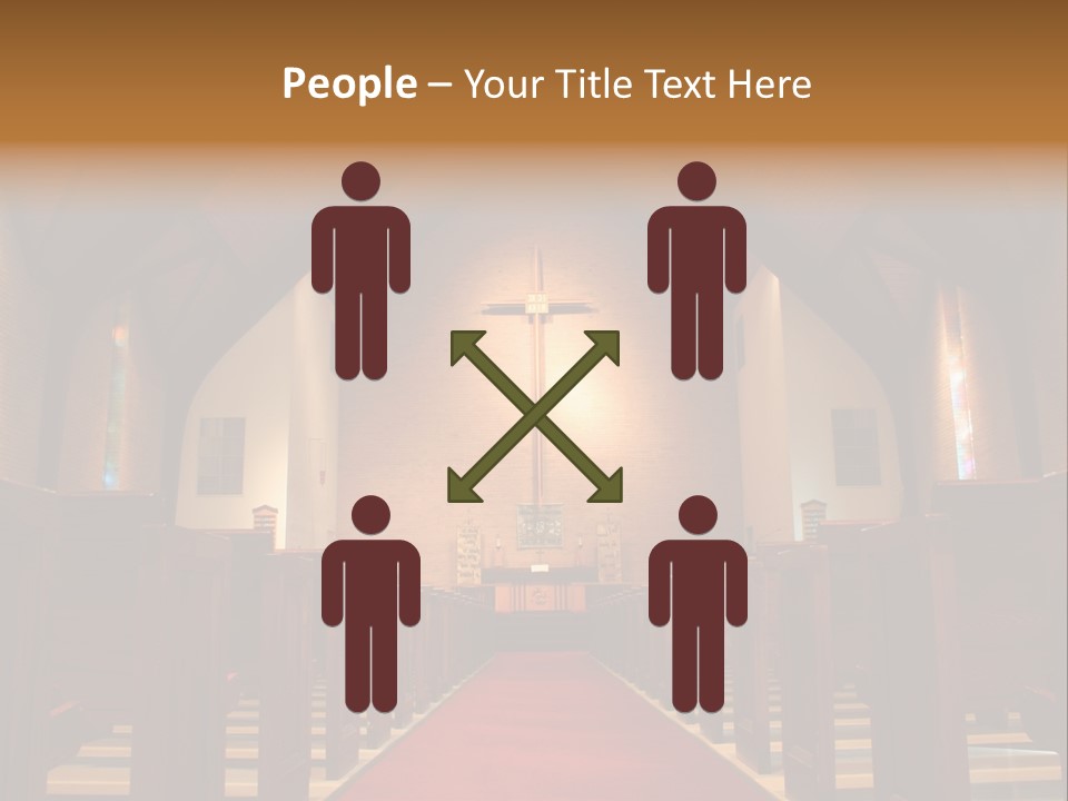 Inside Of A Large, Modern Church With Pews And Cross Visible PowerPoint Template