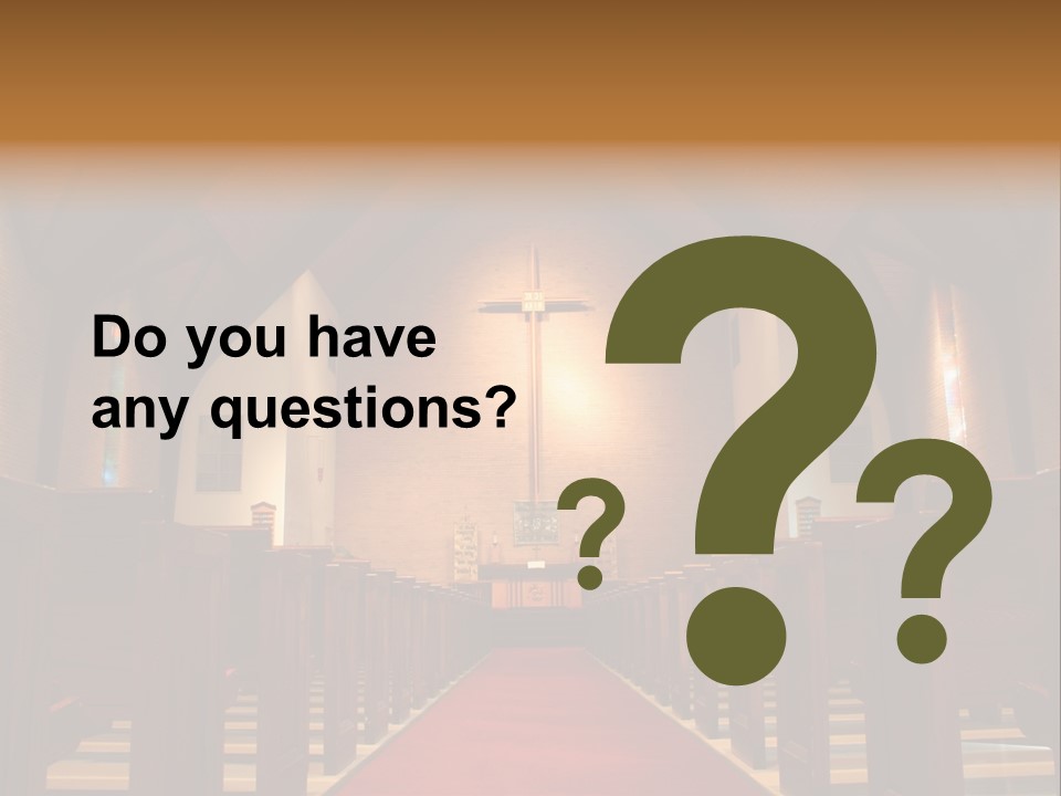 Inside Of A Large, Modern Church With Pews And Cross Visible PowerPoint Template