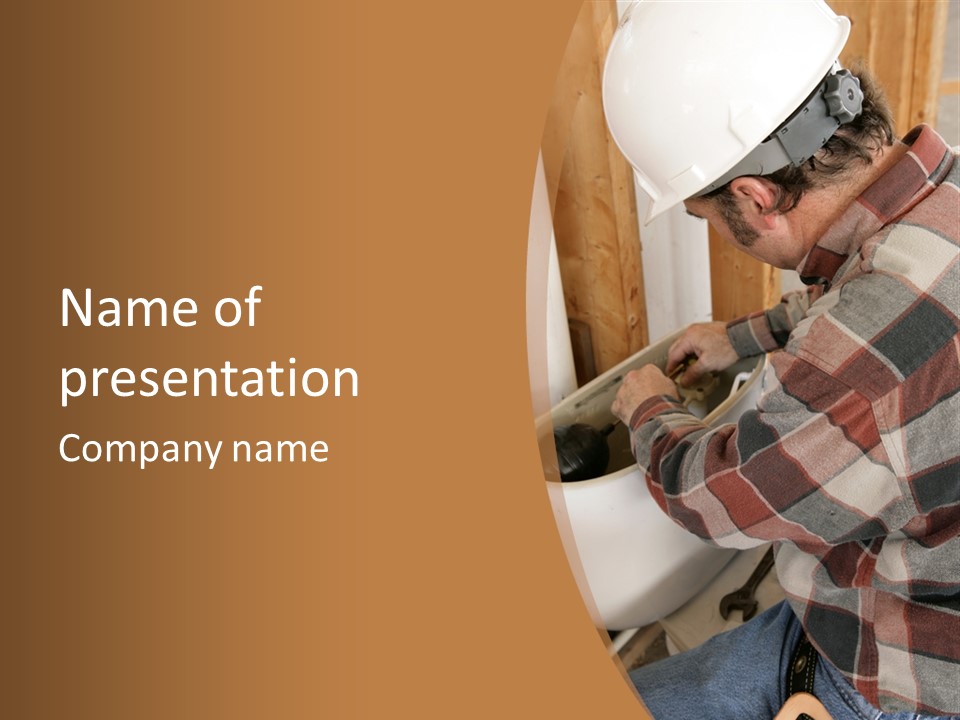 A Construction Plumber Installing A Toilet Tank In A New Building. Authentic And Accurate Content Depiction. PowerPoint Template