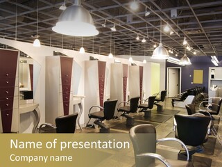 A Hair Salon With Lots Of Chairs And Lights PowerPoint Template