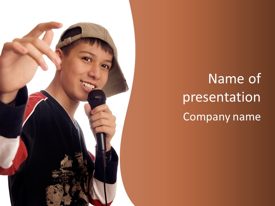 Photo Of Smiling Boy Singing A Rap Song PowerPoint Template