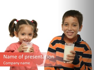 Two Children Are Drinking Milk From A Glass PowerPoint Template