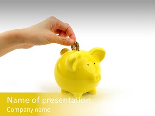 A Person Putting A Coin Into A Yellow Piggy Bank PowerPoint Template