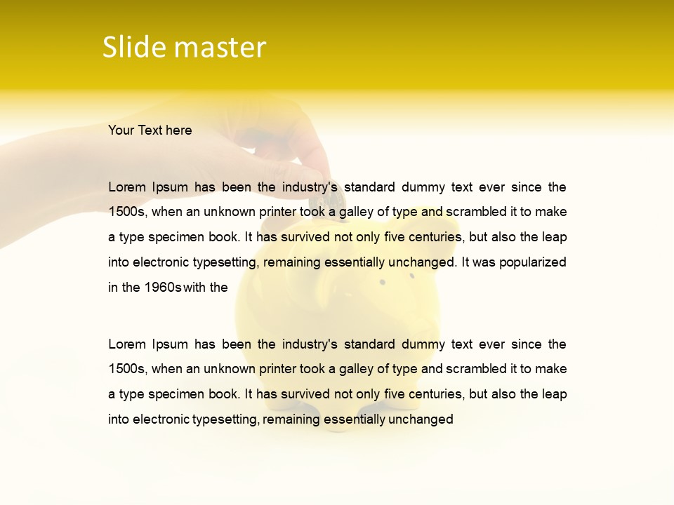 A Person Putting A Coin Into A Yellow Piggy Bank PowerPoint Template